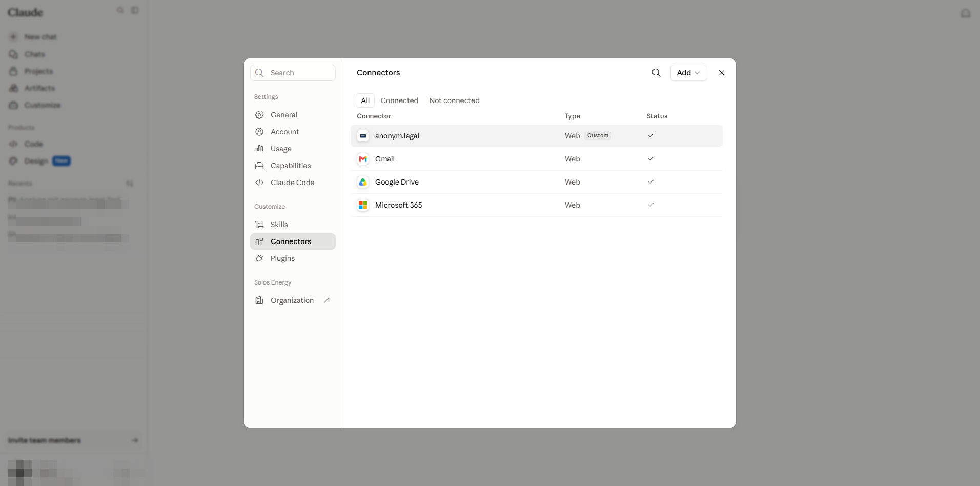 User Customize → Connectors list
